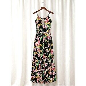 Band of Gypsies Black Tropical Floral Halter Keyhole Tiered Maxi Dress Boho